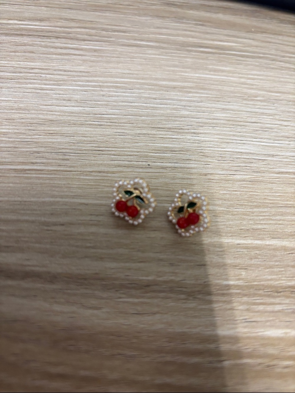 Gold-Tone Cherry Pearl Trim Stud Earrings in Red and Green